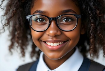 close up portrait of an African black schoolgirl student girl kid with glasses smiling, back to school