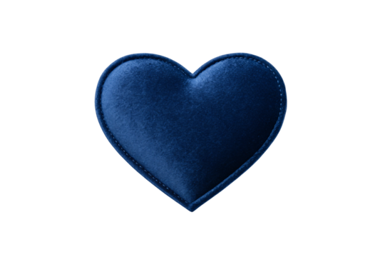 Navy blue velvet heart-shaped cushion with decorative stitching around the edges on white background, isolated on a transparent background