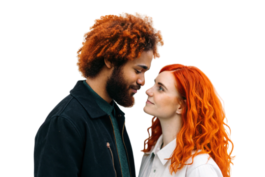 Man with orange afro and woman with wavy orange hair gazing at each other lovingly, isolated on a transparent background