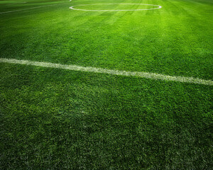 An empty green grass soccer field with a white corner line, ready for a game