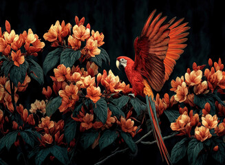 a red parrot standing on a branch surrounded by orange flowers and green foliage against a dark background. The parrot's bright colors and the lush, colorful flowers create a striking contrast.