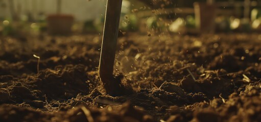 Close-up of hoe breaking through soil, preparing ground for seed planting.