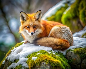 Fototapeta premium A beautiful red fox rests on a mossy rock covered in snow
