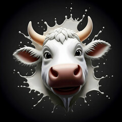 3d cartoon cow and splashes of milk on a black background dairy white illustration