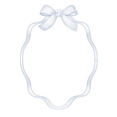 Elegant hand-drawn ribbon frame with a soft pastel bow on top. Vintage oval border perfect for wedding invitations, romantic stationery, packaging, branding,  feminine designs. Delicate sketch style
