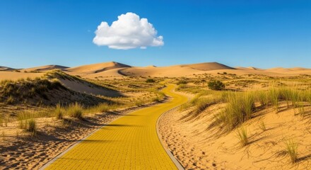 Sandy path leads through desert dunes under a bright blue sky