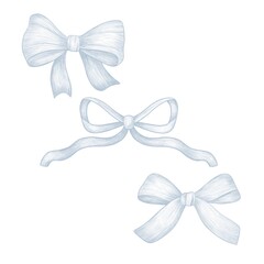 Collection of three hand-drawn vintage-style bows in soft pastel blue. Each bow features a unique shape and elegant ribbon texture. Perfect for wedding invitations, packaging,  branding, scrapbooking