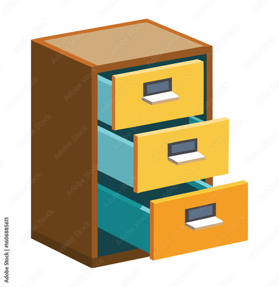 Poster 3d file cabinet with open drawers filled with folders for office document storage and organization