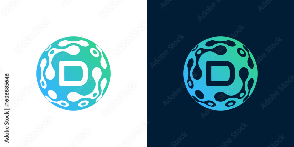 Poster letter d logo design with abstract ball technology digital data connection with green gradient color