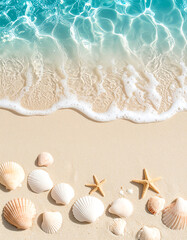 A top view of a beach scene with the transparent blue water of a gentle wave receding over the sand scattered with seashells