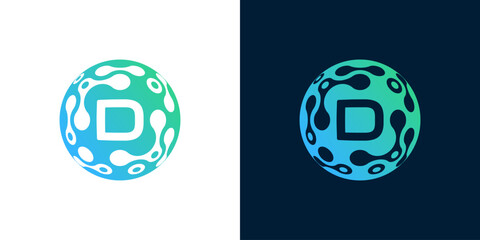 letter  d logo design with abstract ball technology digital data connection with green gradient color