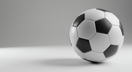 Classic black and white soccer ball isolated on a grey background.