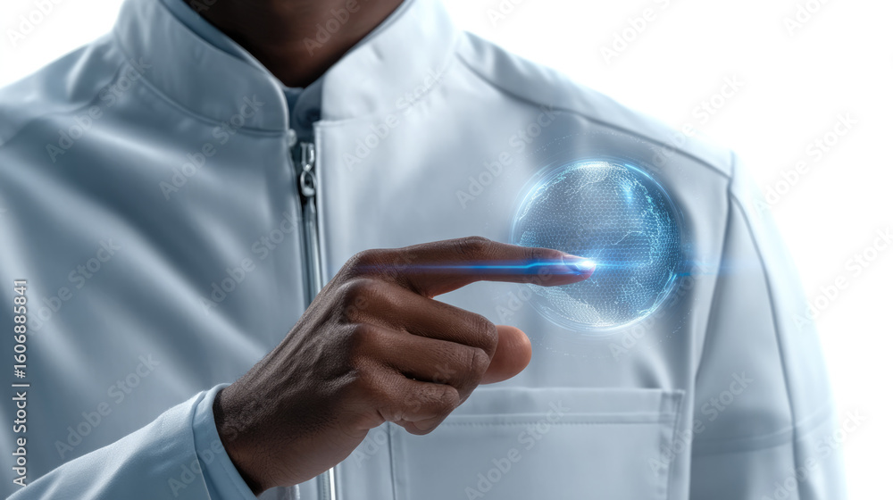 Poster man hand touching digital globe futuristic technology innovation science data transfer white jacket 
