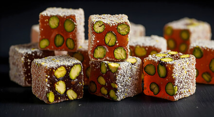Close-up of Sweet Turkish Delight Candies lokum cubes with Pistachios