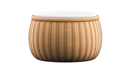 Modern round coffee table with woven design and white top