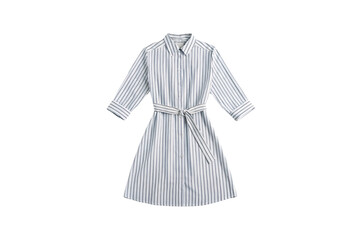 Obraz premium Gray and white striped shirt dress with belt, three-quarter sleeves, professional button-front style, isolated on a transparent background