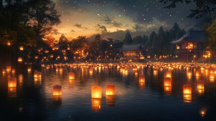 Fototapeta premium Floating lanterns on a serene Japanese pond at twilight