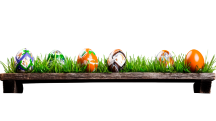 Colorful decorated eggs displayed on a wooden tray with grass