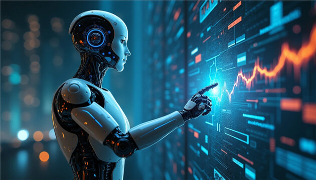 Futuristic Male AI Robot Interacting with Advanced Technology Interface