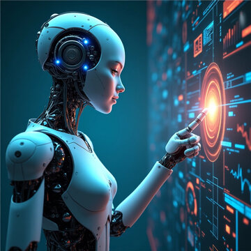 Futuristic Female AI Robot Interacting with Advanced Technology Interface