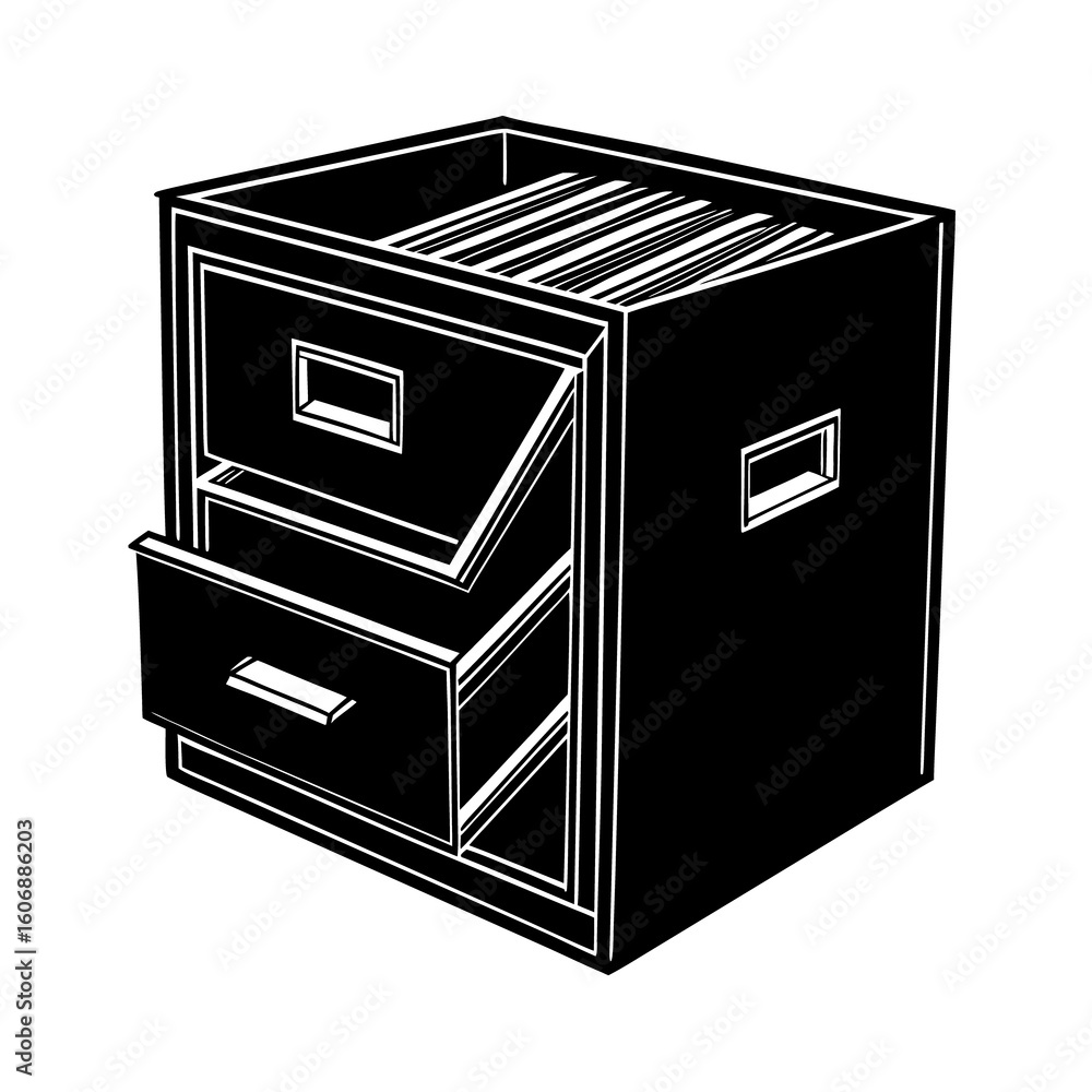 Poster 3d render of an open metal file cabinet with folders and documents, symbolizing business data storag