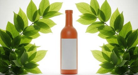 Orange bottle with blank label framed by lush green leaves