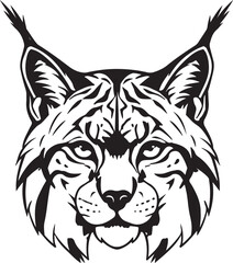 Detailed Black and White Illustration of a Lynx Head with Sharp Features and Intricate Fur Patterns in a Stylized Design