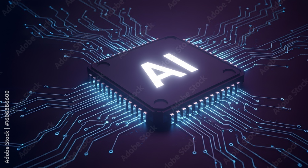 Aufkleber a glowing artificial intelligence chip sits at the center of a complex electronic circuit board, sym