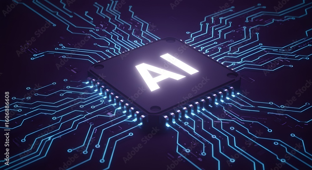 Poster a central processor chip displaying the bright white ai logo is connected to intricate blue circuits