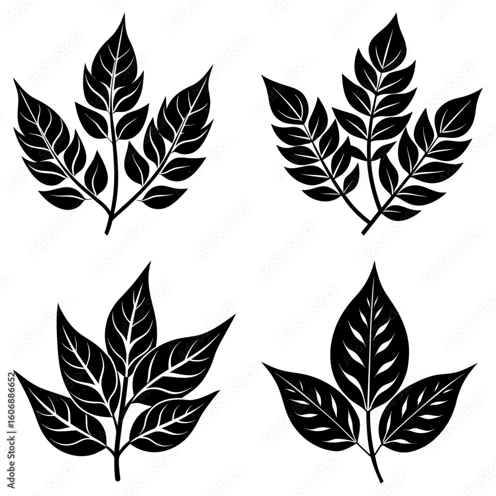 Aufkleber four black leaf clusters with detailed venation arranged in a square pattern on a white background a