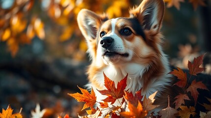 Close-up of a dreamy cute corgi framed by bright autumn leaves during a sunny autumn day