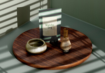 Matcha Tea Pouch Mockup On Wooden Tray