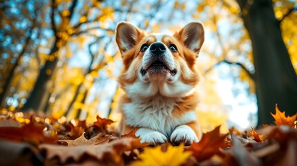 Corgi lying on autumn leaves in forest, looking into the distance, low angle view