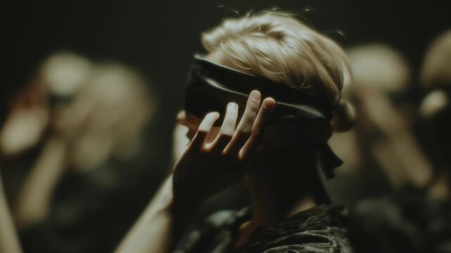 Mysterious gathering of blindfolded figures during a captivating performance in a dark setting
