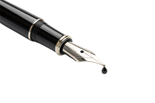 Premium black fountain pen with gold bands and intricate nib design dripping ink, isolated on a transparent background