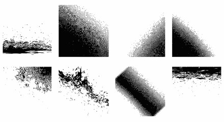 Black and white grunge textures pack for graphic design and digital art with halftone and distressed elements