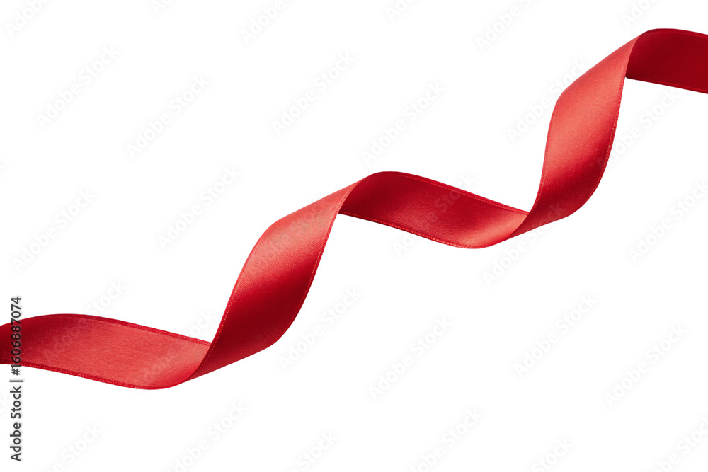 Poster red satin ribbon flowing in dynamic curves with rich crimson color and glossy reflective surface, is