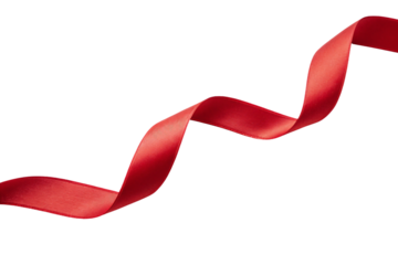 Red satin ribbon flowing in dynamic curves with rich crimson color and glossy reflective surface, isolated on a transparent background