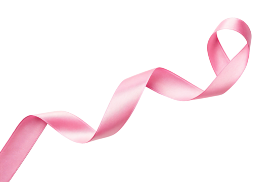Twisted pink ribbon creating elegant loops and curves with silky texture and delicate feminine appearance, isolated on a transparent background