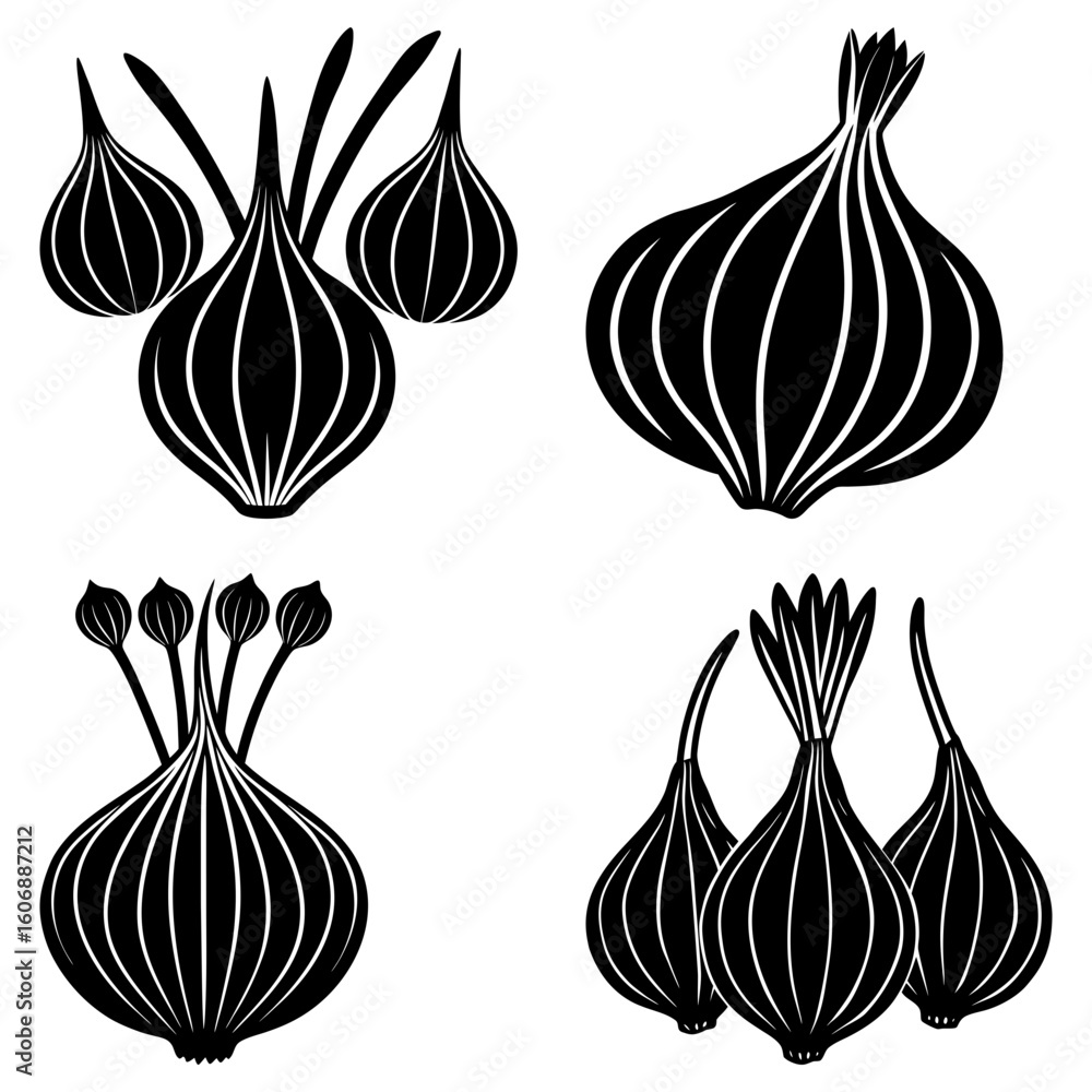 Poster illustration showing four different arrangements of onions in black and white simple vector design
