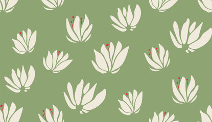 Flat seamless lotus pattern in green background. Perfect for wallpaper, fabric, and decoration.