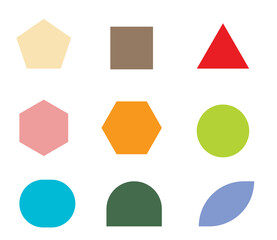 Geometric flat shapes in solid colors including hexagons, circles, and squares, ideal for infographics, icons, branding, or educational visual assets.