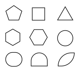Minimal black outline geometric shape set with circles, triangles, and hexagons on white background, ideal for tech interfaces, wireframes, diagrams, or digital design kits.