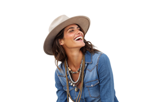 Smiling woman in denim shirt wearing cream hat with layered pearl necklaces, isolated on a transparent background