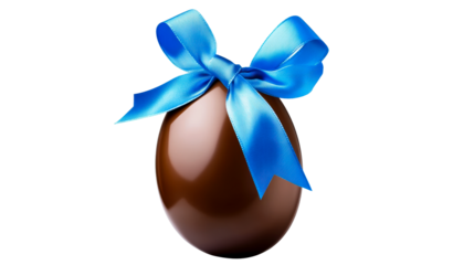Chocolate egg with blue ribbon on transparent background