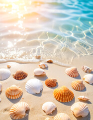 Obraz premium A top-down view of a beach with scattered seashells with a thin layer of shallow, clear water gently rippling over the sand