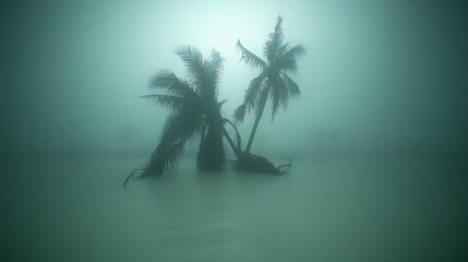 Two palm trees standing in water during a storm and fog