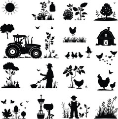 Fototapeta premium Black and white farm scene featuring a tractor, farmer, chickens, barn, and various plants and trees
