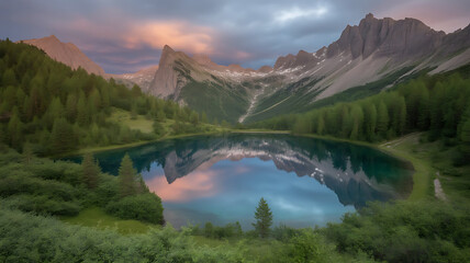 Obraz premium Tranquil alpine lake reflects dramatic sunset sky over jagged mountain peaks
