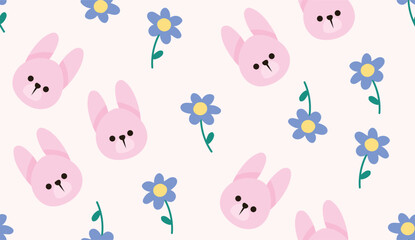 Flat seamless cute bunny animal pattern in pink background